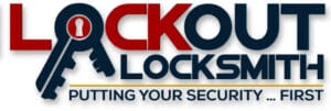 Lockout Locksmith professional locksmith logo with key symbol and security slogan