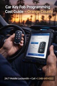 Automotive locksmith programming a car key fob using a diagnostic tablet inside a vehicle in Orange County during smart key programming service