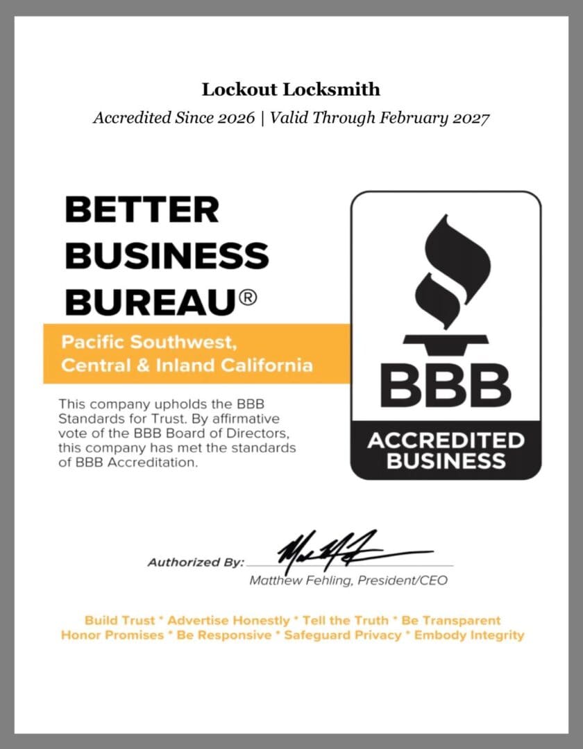 Better Business Bureau BBB Accredited Business certification for Lockout Locksmith in California