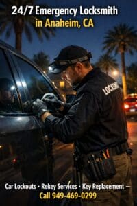Emergency locksmith unlocking a car door at night during a vehicle lockout service in Anaheim California