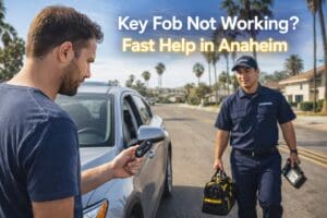 Mobile locksmith technician responding to a key fob problem and providing smart key programming service in Anaheim, California.