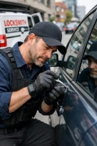 Professional locksmith unlocking a locked car door during an emergency car lockout service in Anaheim, California.