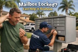 Professional locksmith repairing a locked community mailbox while assisting a customer with mailbox lock replacement in Anaheim, California.