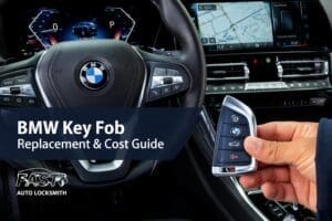 BMW smart key fob held inside a BMW vehicle during key fob replacement and programming service in Anaheim, California.