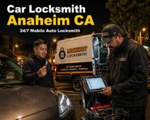 Mobile automotive locksmith programming a car key and assisting a customer during an emergency locksmith service in Anaheim, California.