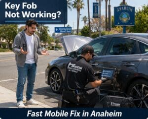 Mobile locksmith technician diagnosing and programming a vehicle key fob for a customer in Anaheim, California.
