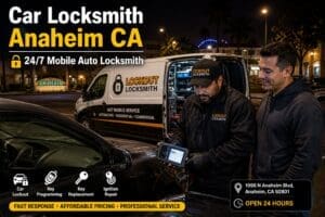 Professional automotive locksmith using advanced key programming equipment while assisting a vehicle owner in Anaheim, California.