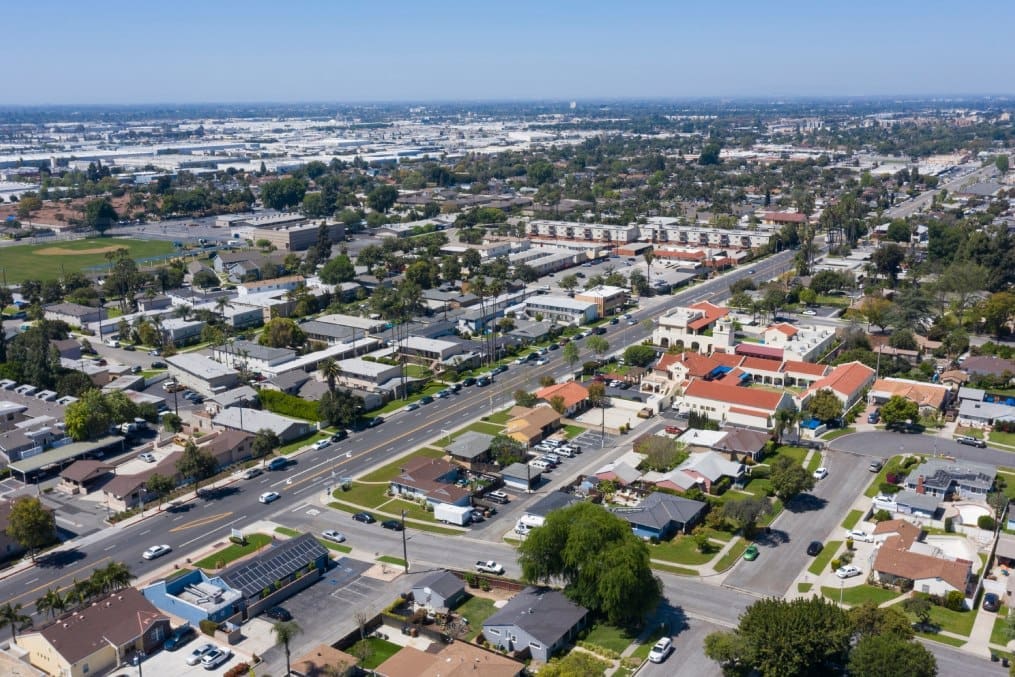 Aerial view of Anaheim, California neighborhood and commercial district representing local mobile locksmith service coverage.